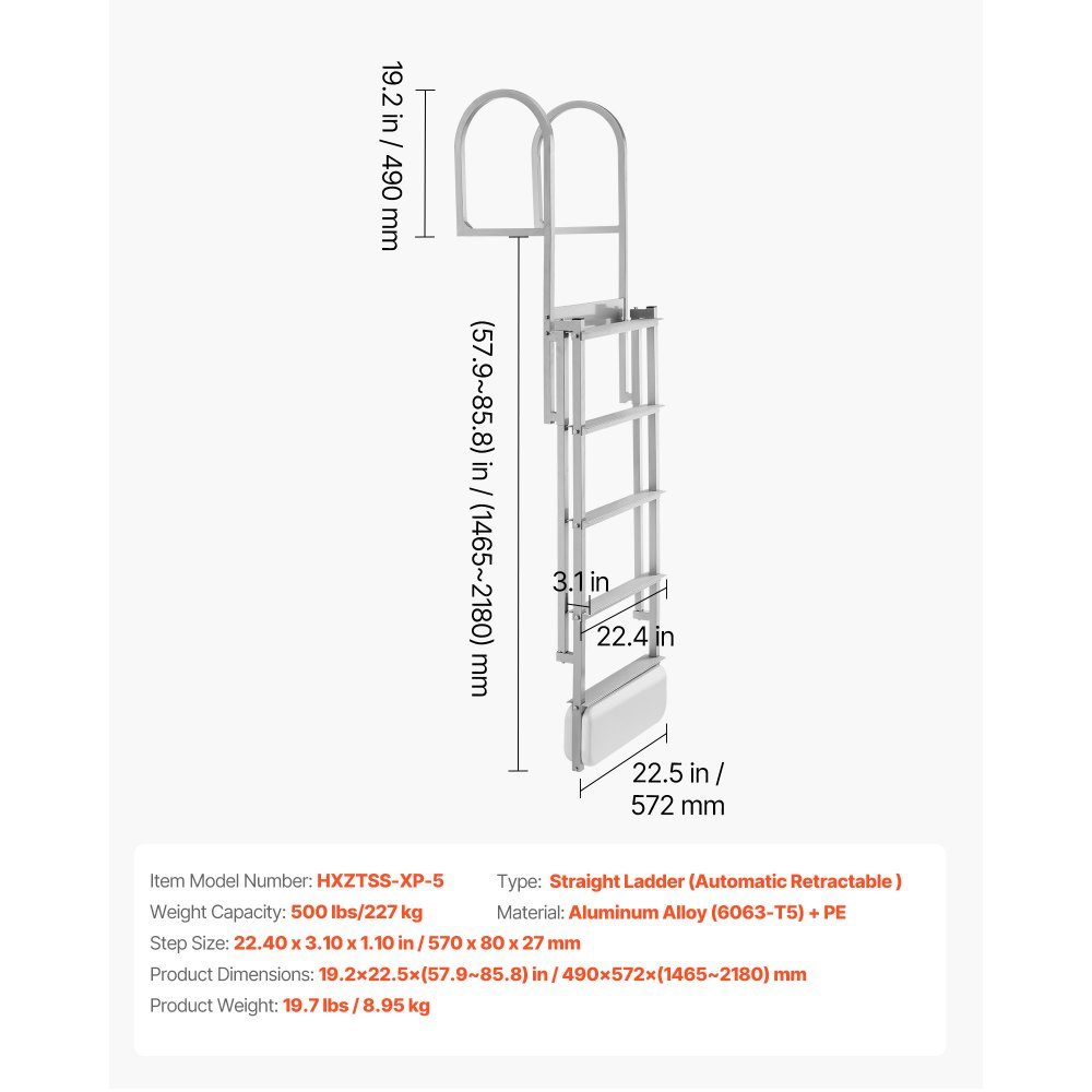 Retractable Dock Ladder, Boat Ladder with 5 Non-Slip Steps, Wide Pedals and Handrail, 500lb Entry Pool Ladder, Aluminum Alloy Telescopic Ladder for Docks, Pools, Lakes, Boats