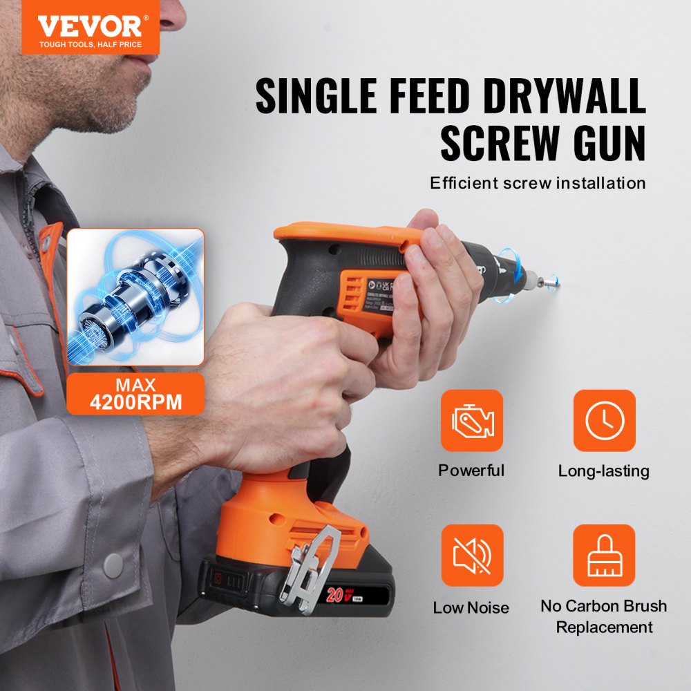 Gipsplaatschroevendraaier, 20V Max gipsplaatschroevendraaier, borstelloze 4200 RPM draadloze gipsplaatschroevendraaier, set van 2 batterijen, oplader, riemclip en gereedschapstas, vooruit- en achteruitversnelling
