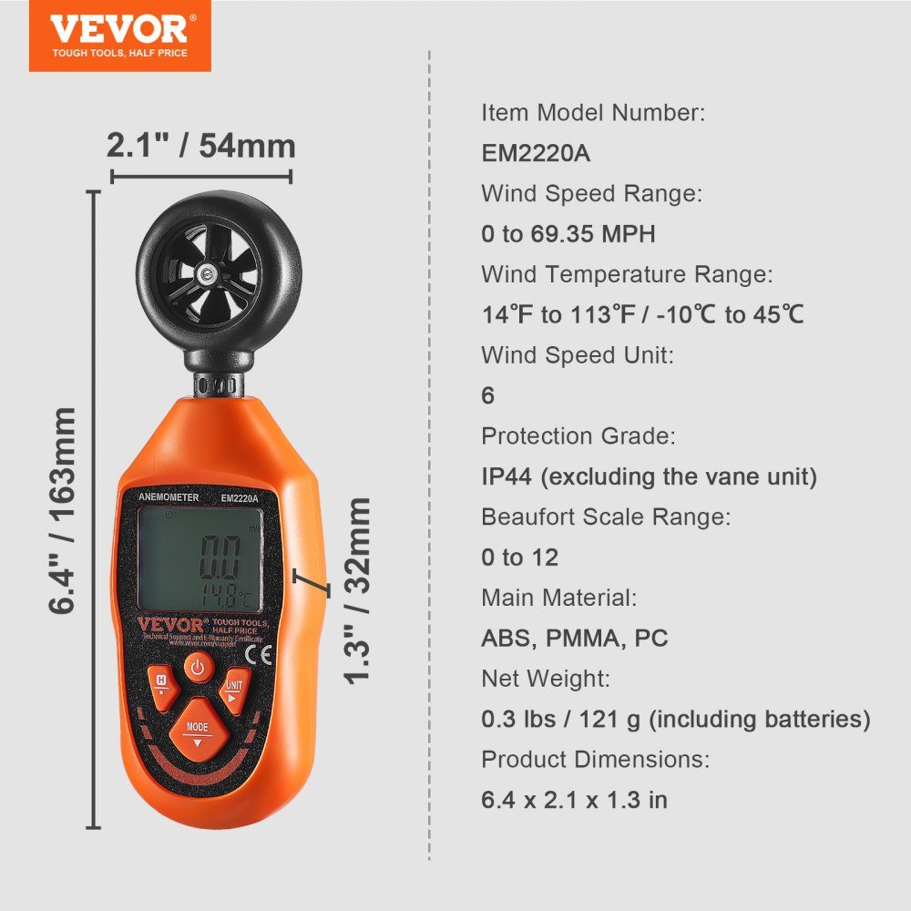 Anemometer 69.35 MPH Air Speed ​​Meter 163 x 54 x 32mm Anemometer IP44 Wind Meter Wind Strength Meter MAX/MIN/AVG/CU Wind Speed ​​Data -10-45℃ Air Meter Speed ​​Meter
