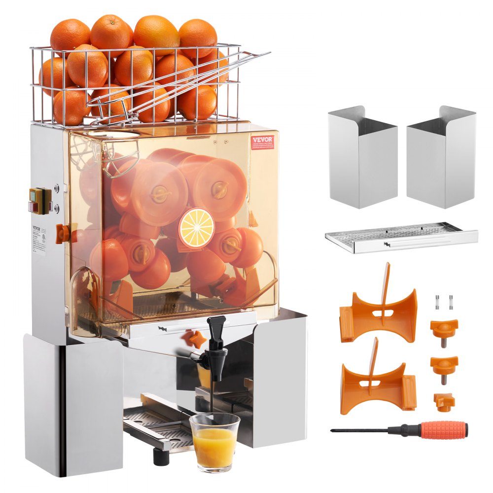 Kommerzielle Orangenpresse, halbautomatische 120-W-Entsafter, Edelstahl-Orangenpresse für 20 Orangen pro Minute, mit Wasserhahn und PC-Abdeckung, kommerzielle Zitruspresse, elektrische Zitruspresse