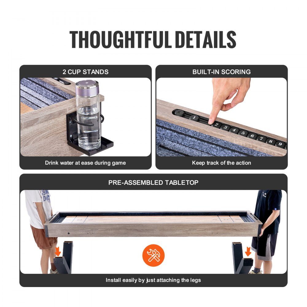 Shuffleboard Table, 9ft Shuffleboard with LED Lights for Family Game Room, 2 in 1 Shuffleboard and Bowling Combo Game Set, with Anti-Scratch Board, Legs, 8 Pucks, Bowling Set, Wax, Brush