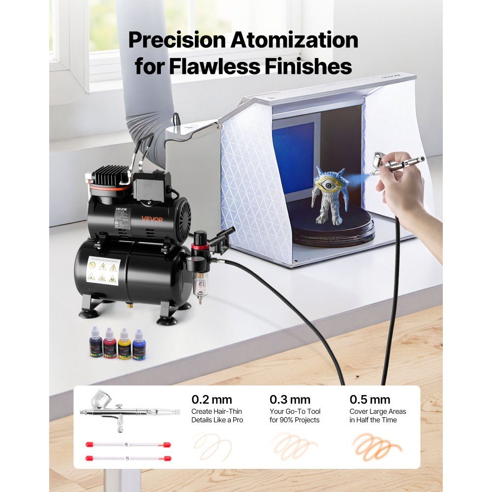 Airbrush Set 1/6 HP with Air Compressor & Tank, 1 Dual Action Airbrush Gun with 3 Nozzles (0.2/0.3/0.5mm) & Hose & Acrylic Paint & 1 Fan, for Cake Decoration, Model Painting, Nail Art