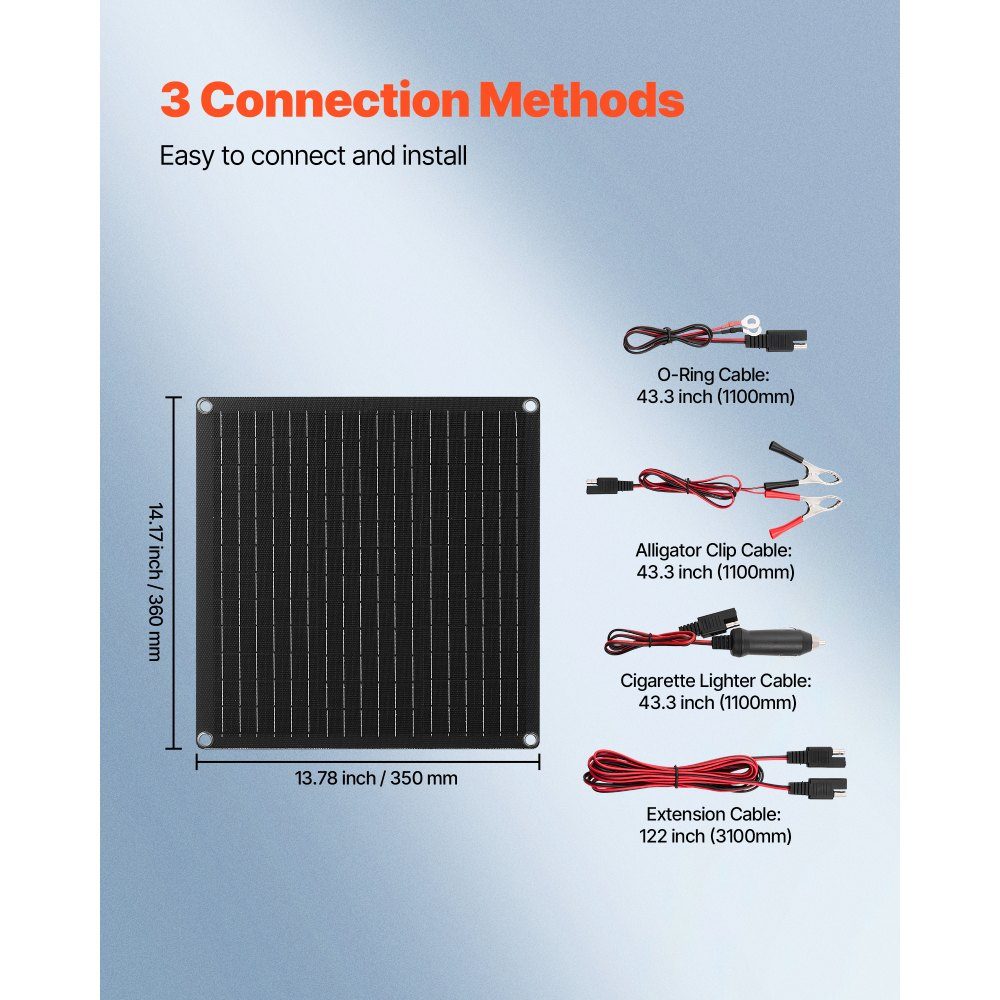 12V Monocrystal Solar Panel Kit 20W Battery Charger with Built-in Smart Controller and 3 Connection Cables Portable for RV, Car, Motorcycle, Boat, Van, Motorhome