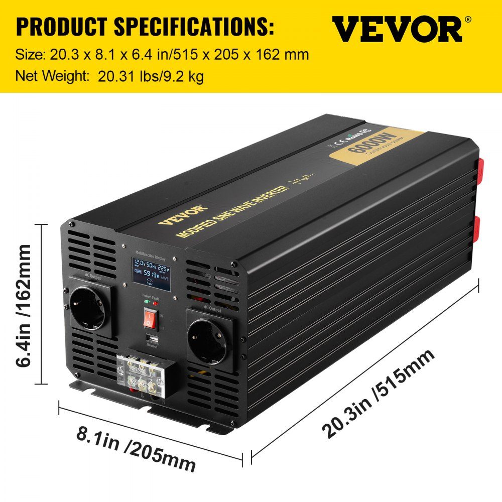 Power Inverter 6000W Modified Sine Wave Inverter DC 12V to AC 230V Car Converter with LCD Display LED Indicators EU Sockets Power Inverter for Car RV Truck Boat Travel