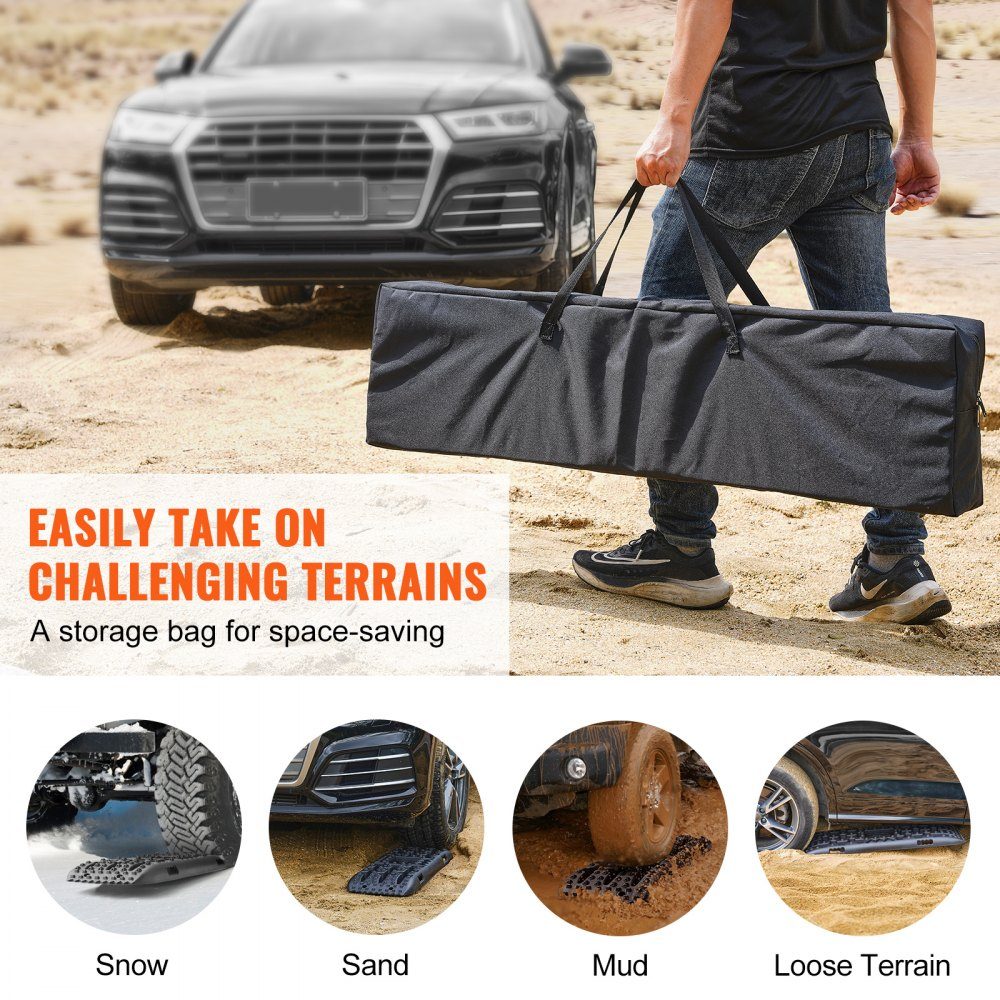 10 TON Traction Boards with PP Material, Recovery Boards for ATVs/Cars/Pickups/SUVs/RVs, Pair of Tire Traction Mats on Snow, Sand, Mud and Loose Ground, Storage Bag, Long, Black