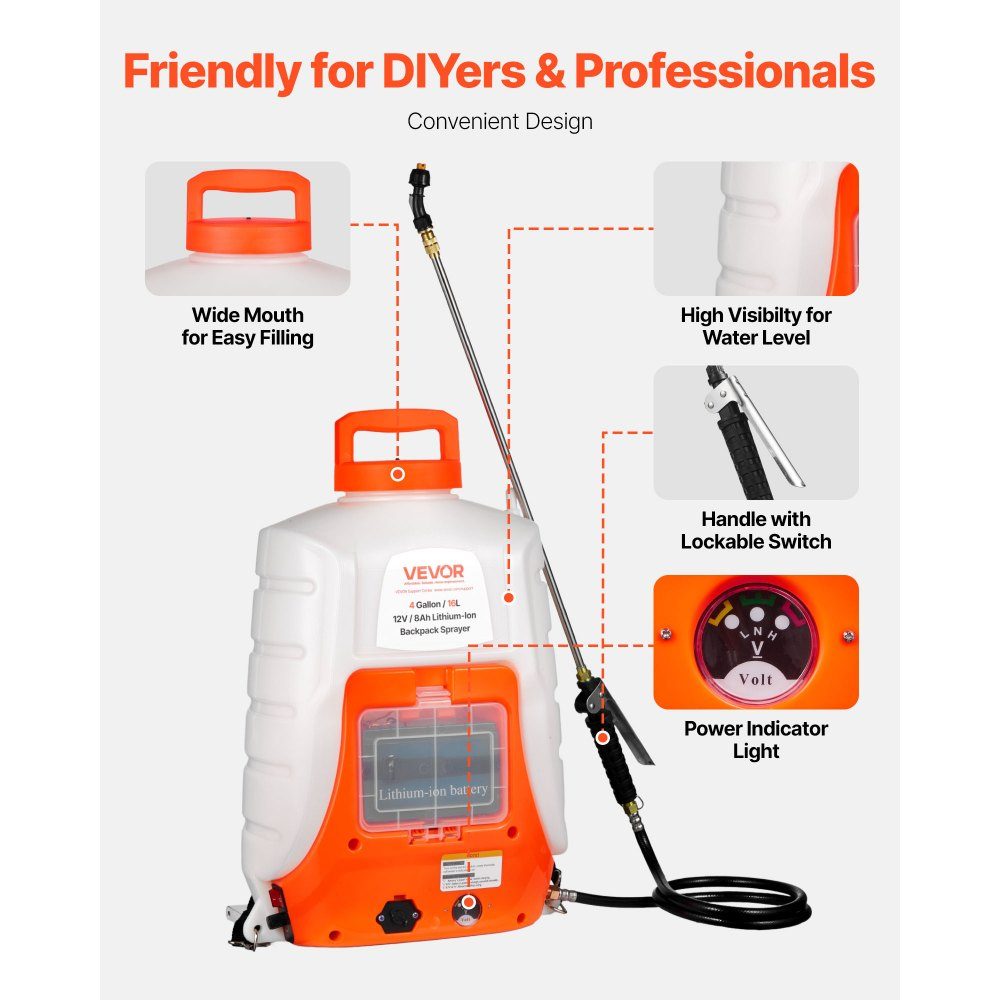 Accudruksproeier 15L rugzaksproeier 8Ah lithium-ion accudruksproeier 90PSI kunstmestsproeier 4,1L/min tuinsproeier met schouderbanden plantensproeier tuinbesproeiing desinfectie wasstraat