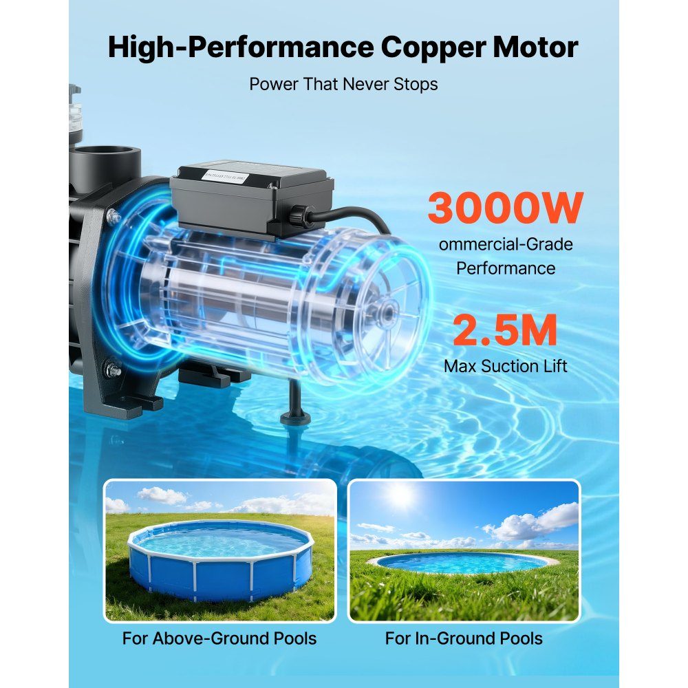 Zwembadpomp 3 kW, filterpomp 35.000 L/H max. debiet, eentraps zwembadpomp 2860 tpm, 19 m max. hoofd, met 24-Stunden-Timer en filtermand, voor bovengrondse en ingebouwde zwembaden en spa's