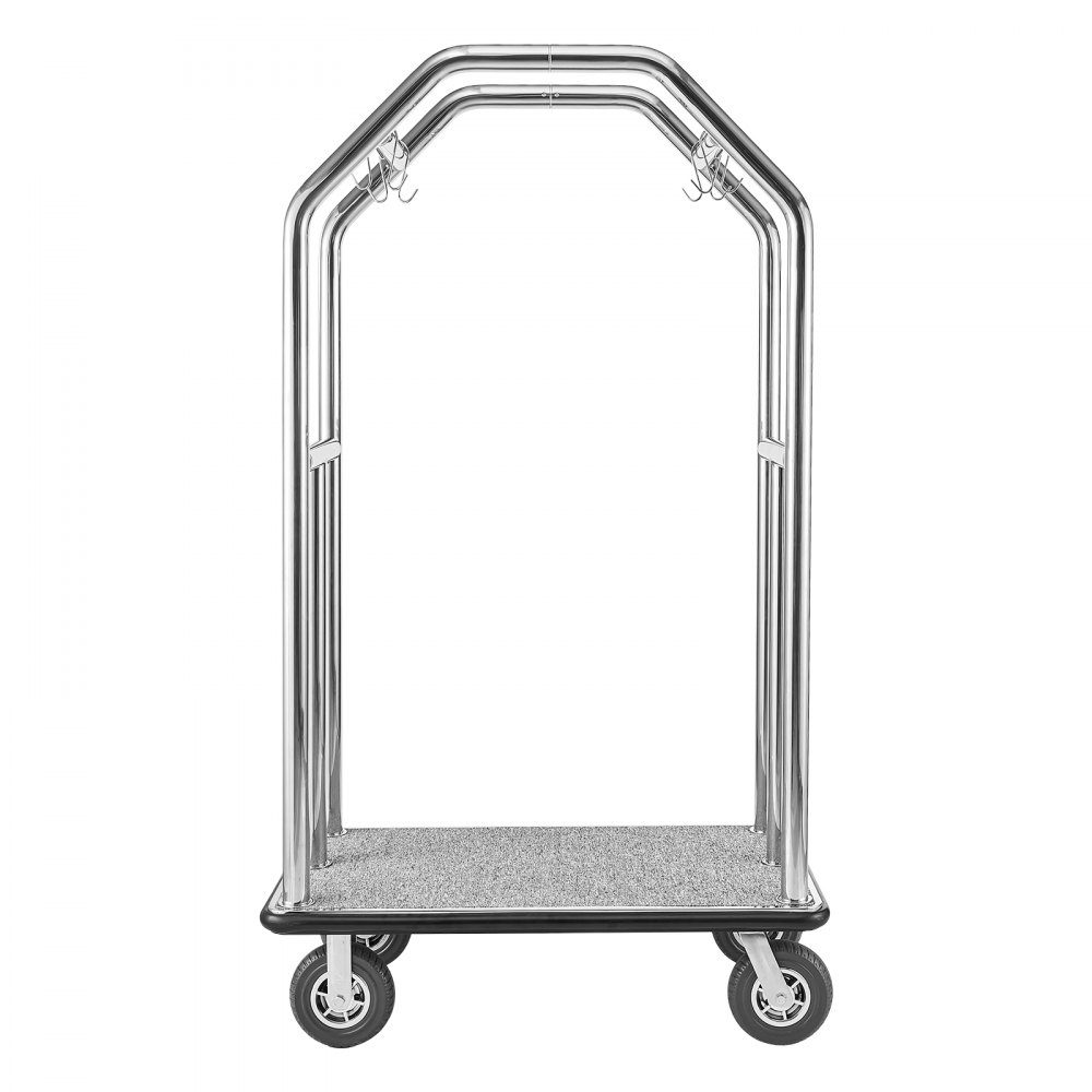 Roestvrijstalen hotelbagagewagen 1500 pond zware bagagewagen met 8 "rubberen wielen Hotelwagen met grijze tapijtvloer en kapstok Commerciële bagagewagen voor hotelsresorts Zilver – Artikelnr. HT-23177