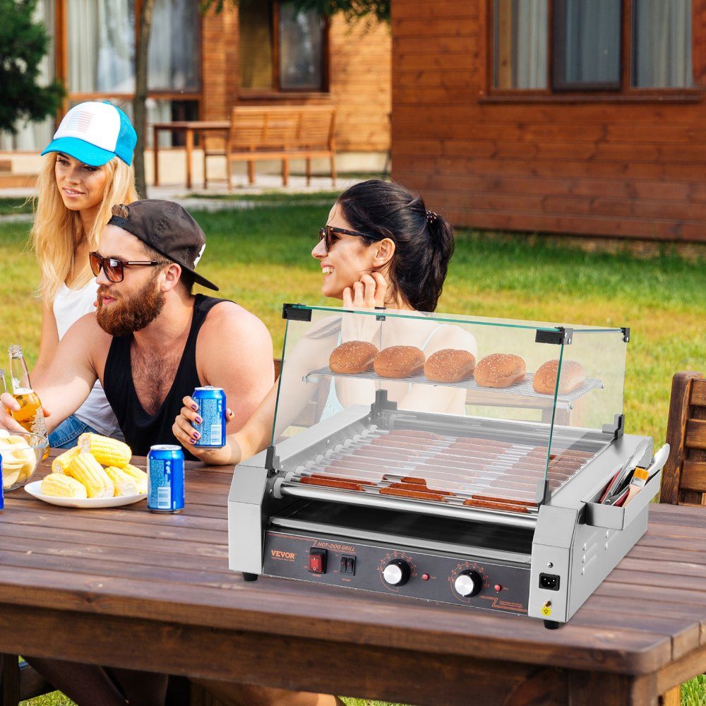 Hot Dog Grill Machine Hot Dogs 11 Rolls Stainless Steel 2200W Electric Grill with Cover & 2 Temperature Controls & Side Storage Box & Removable Shelf & Oil Drip Tray