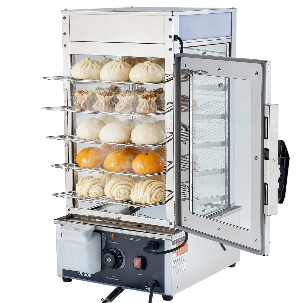 5-stopniowy komercyjny podgrzewacz do żywności 120 l od 30 do 110 ℃, garnek do gotowania na parze o mocy 1200 W, oświetlenie LED i regulowane półki oraz rama ze stali nierdzewnej, witryna grzewcza na chleb hamburgerowy Mantou – Nr kat. HT-24156