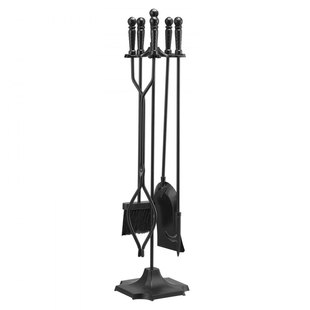 Couverts de cheminée, 5 pièces. Ensemble de couverts de four, support à cinq branches, pinces, pelle à cendres, brosse, tisonnier, accessoires de cheminée en fer forgé pour feu de camp intérieur/extérieur, noir Couverts de cheminée, 5 pièces. Ensemble de couverts de four, support à cinq branches, pinces, pelle à cendres, brosse, tisonnier, accessoires de cheminée en fer forgé pour feu de camp intérieur/extérieur, noir