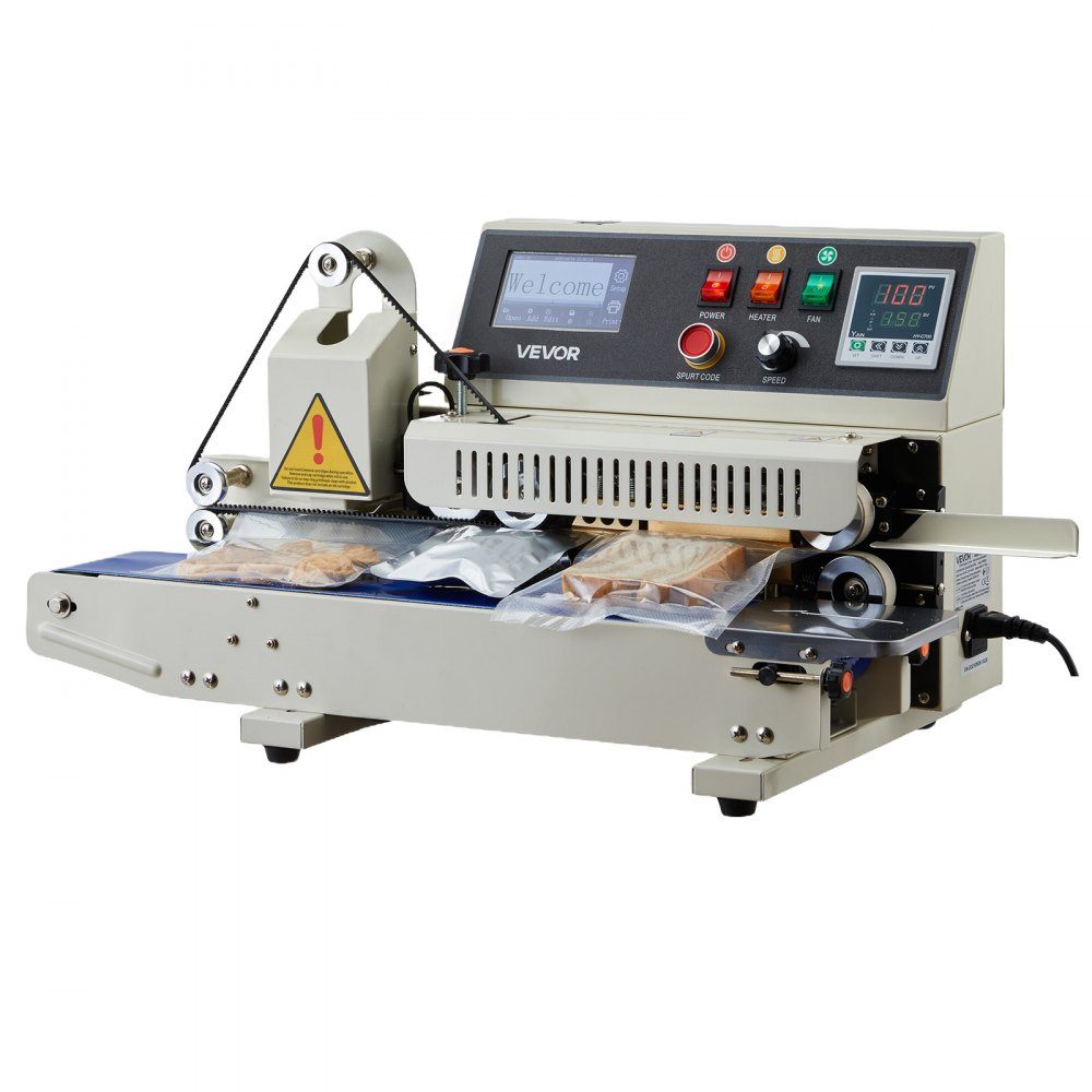 Continuous sealing machine, 6-12mm sealing width, horizontal, with ink printing, sealing machine, temperature and speed adjustable, for 0.03-0.8mm plastic bags