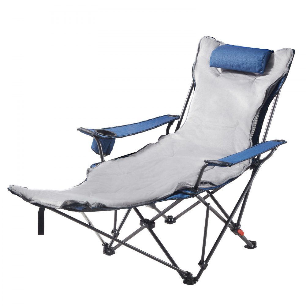 Opvouwbare campingstoel, ligstoel met 4 verstelbare standen, relaxstoel ligstoel met bekerhouder, strandstoel met hoofd- en voetsteun, draagvermogen 100 kg, voor buiten kamperen, blauw