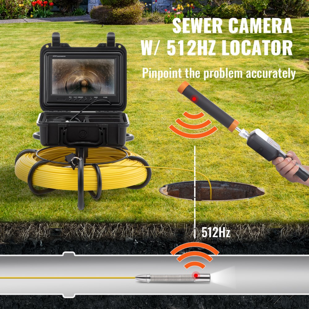 Sewer Camera with 512Hz Locating, 91.5m, 23cm Pipe Inspection Camera with DVR Function, IP68 Camera with 12 Adjustable LEDs, a 16GB SD Card for Sewer Pipe, House, Sewer, Drain Pipe Sewer Camera with 512Hz Locating, 91.5m, 23cm Pipe Inspection Camera with DVR Function, IP68 Camera with 12 Adjustable LEDs, a 16GB SD Card for Sewer Pipe, House, Sewer, Drain Pipe