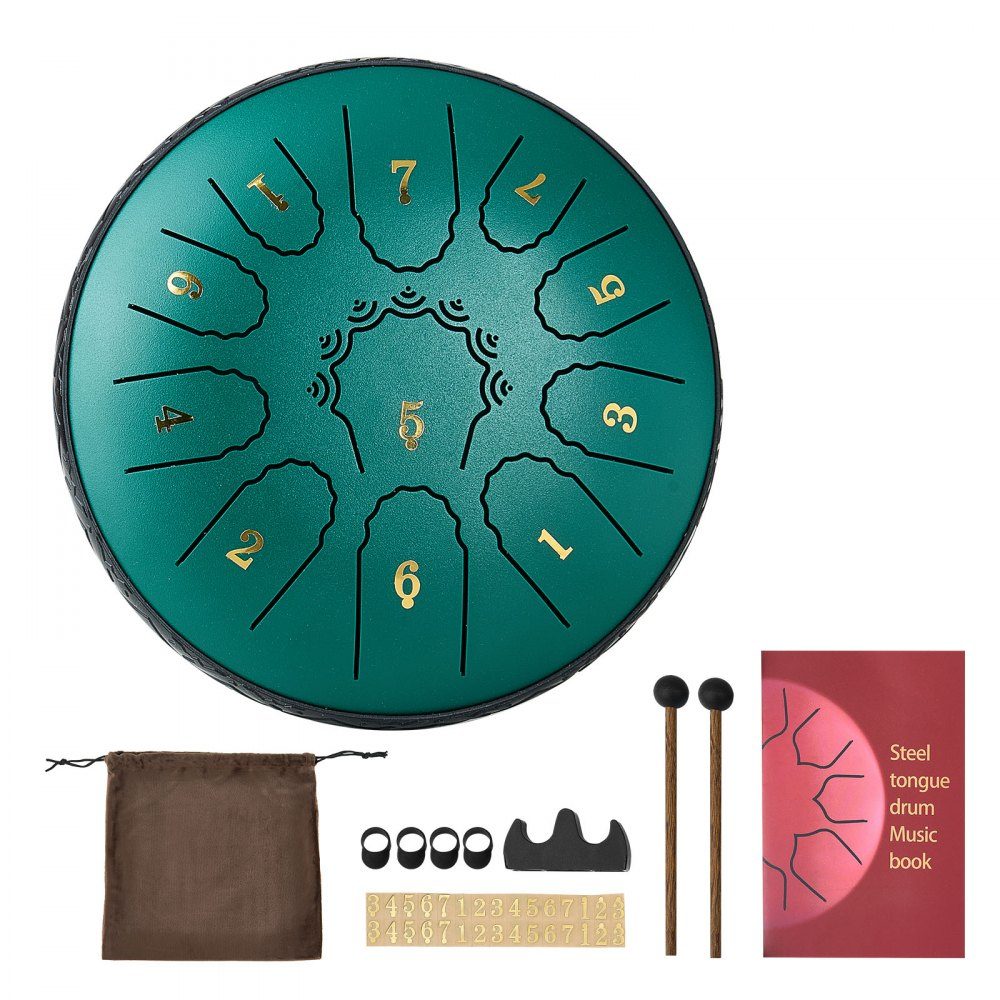 Tambour de langue, 165 mm, tambour de pluie 11 tons, tambour de musique majeur en D avec livre de musique et maillets, tambour de langue en acier, poêle en acier, pour méditation, yoga, débutants, cours de musique, vert