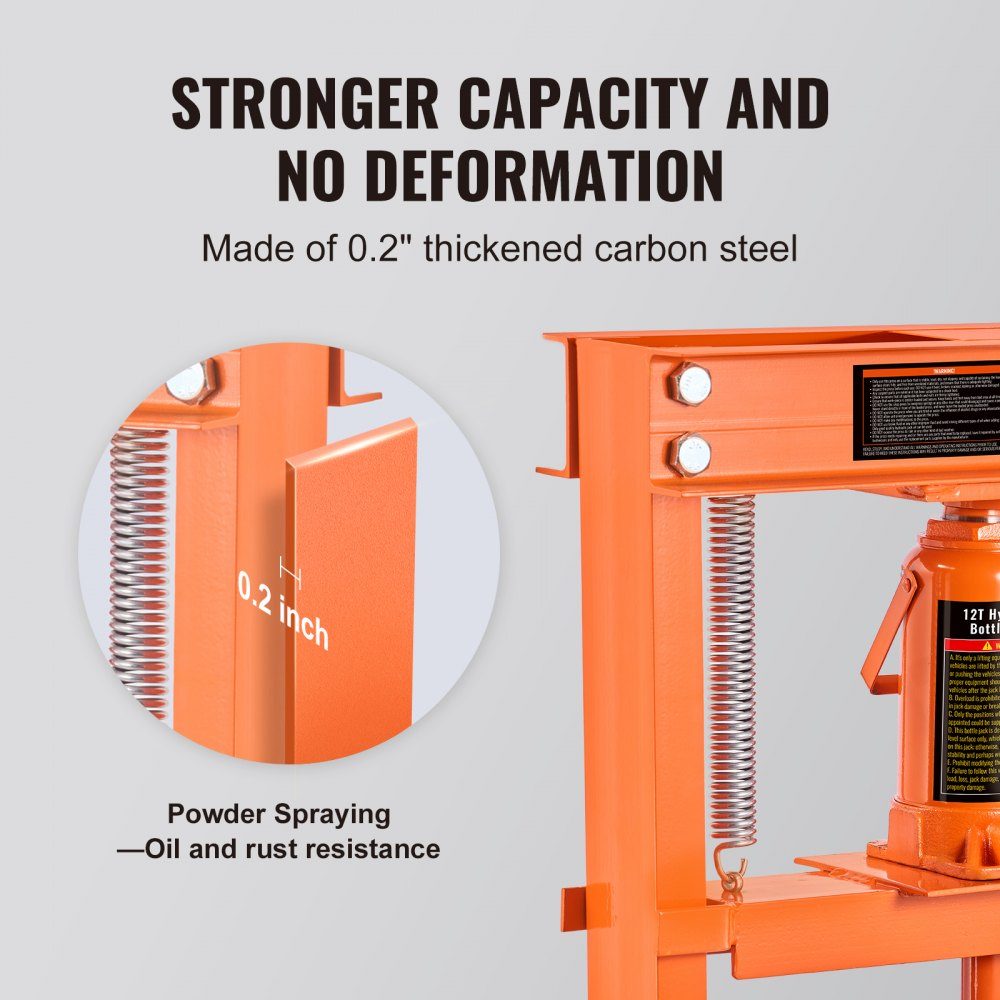 Workshop Press Hydraulic Press 12T Car Frame Press Orange 40-705mm Manual Bearing Press Carbon Steel Workshop Press for Car Bushings, Ball Joints, U-Joints etc