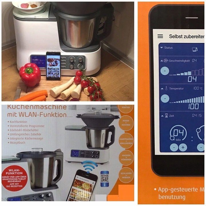 Food processor with cooking function, scales, steamer attachment, cooking basket, WiFi APP
