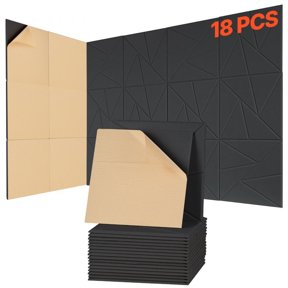 Lot de 18 panneaux acoustiques avec ruban adhésif, panneaux en mousse insonorisée 300 x 300 x 10 mm, panneaux muraux acoustiques en fibre de polyester, pour la maison, le studio, le bureau, le théâtre, noir
