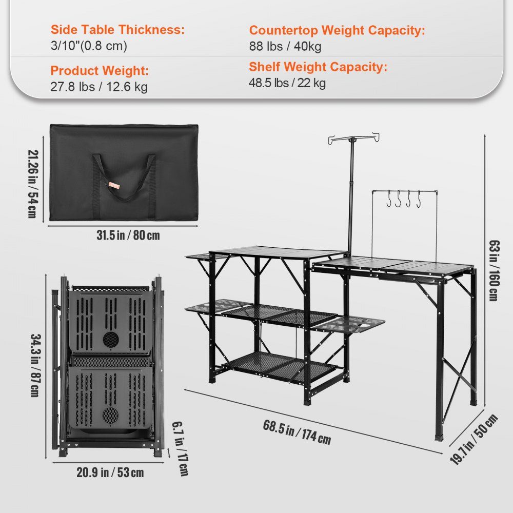 Camping kitchen, outdoor camping kitchen, 174 x 50 x 160 cm, travel kitchen, tent cupboard, foldable, 40 + 22 kg, folding camping table, kitchen box, worktop, space for the sink, carrying bag, black