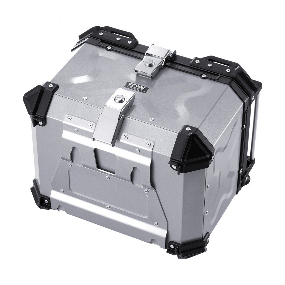 Motorrad-Topcase, Motorradkoffer, 45 l, Heckbox aus Aluminiumlegierung mit Lederfutter, abnehmbare Motorrad-Topbox mit Schloss und Rückenpolster, Helmkoffer (435 x 378 x 348 mm), Silber