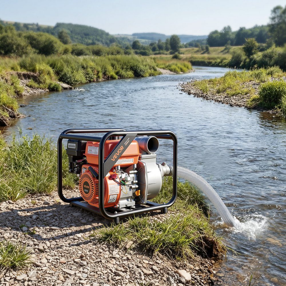 Benzin-Wasserpumpe 43 m Förderhöhe, Schmutzwasserpumpe 7 PS, tragbare Motorpumpe, Benzinmotor mit 762 cm Auslaufschlauch, Gusslaufrad, Gartenpumpe für Bewässerung, Teiche & Pools