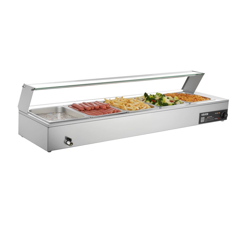 Chauffe-plats professionnel avec couvercle en verre et 5 récipients (taille 1/2) 1,5 kW Réchauffeur de buffet en acier inoxydable, récipient de buffet, bain-marie, station de réchauffement des aliments pour restaurants, fêtes, buffets