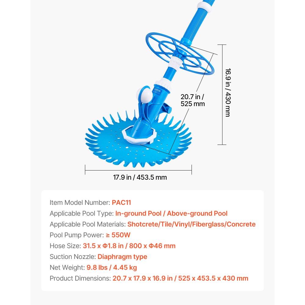 Pool vacuum with suction function, pool vacuum, pool vacuum with suction side, pool sweeper with 12 hoses, suitable for built-in pools and above-ground pools up to 6.1 x 10.7 m blue Pool vacuum with suction function, pool vacuum, pool vacuum with suction side, pool sweeper with 12 hoses, suitable for built-in pools and above-ground pools up to 6.1 x 10.7 m blue