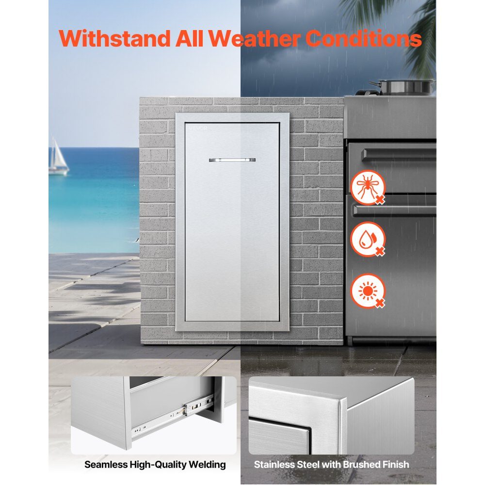 Trash Drawer for Outdoor Kitchen BBQ Kitchen Islands 344 x 498 x 655mm (W x D x H) Indoor Storage Multipurpose Stainless Steel Kitchen Drawers for Propane Gas Bottles Max 25kg (No Trash Cans)