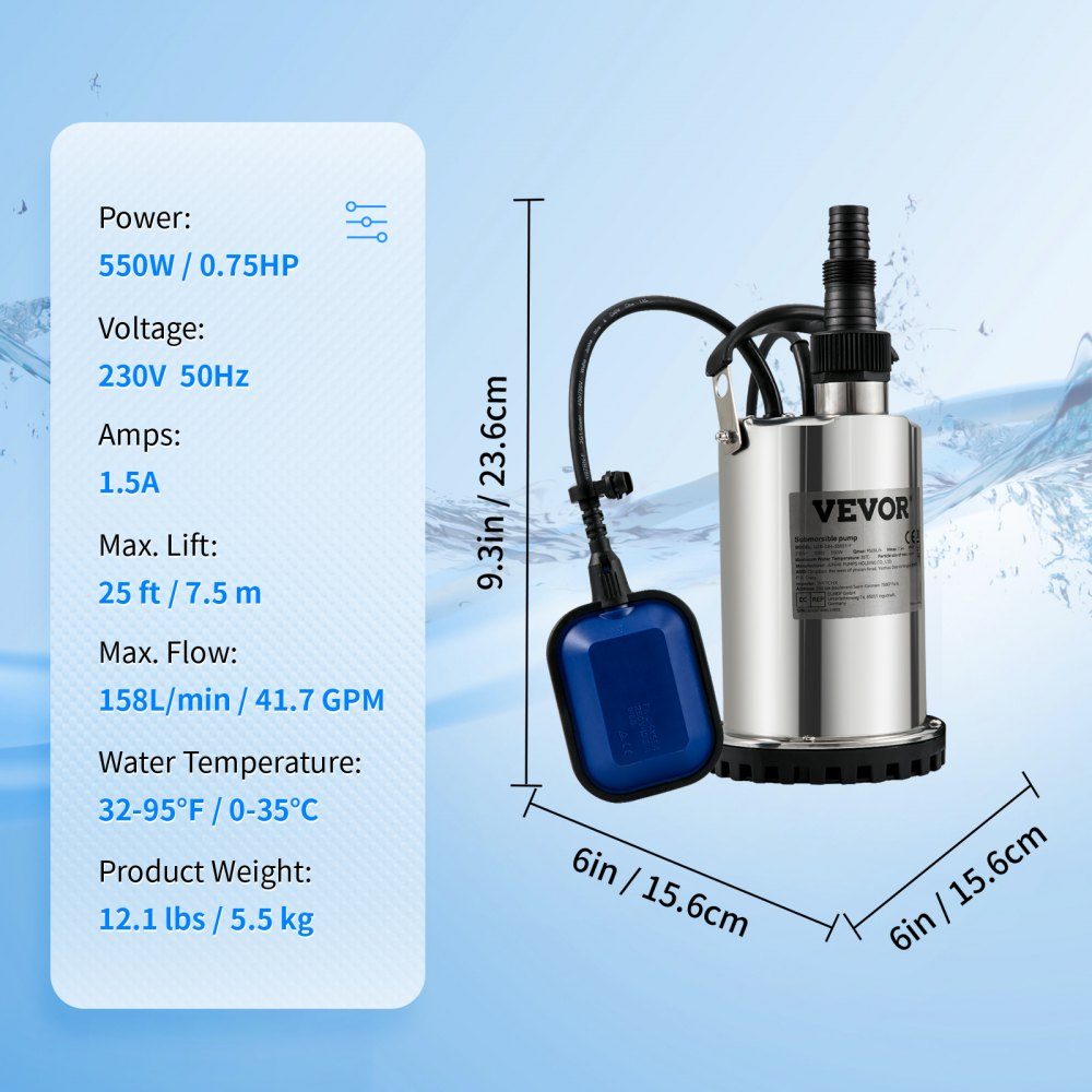 Vuilwaterpomp 550W dompelpomp 230V tuinpomp opbrengst 9500L/u vuilwater dompelpomp IPX8 uitlaat op maat te knippen voor het verpompen van water uit zwembaden, vijvers, kelders
