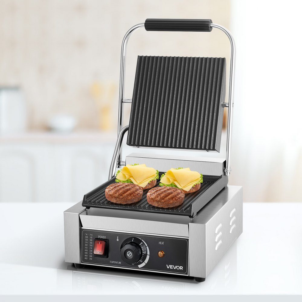 Commercial Panini Grill, Contact Grill 1800W, for Sandwiches, Steak, Bacon, Hamburgers, Sandwich Maker, Stainless Steel Press Grill with Handle & Temperature Controller & 22 x 23cm Heating Plate, Panini Press