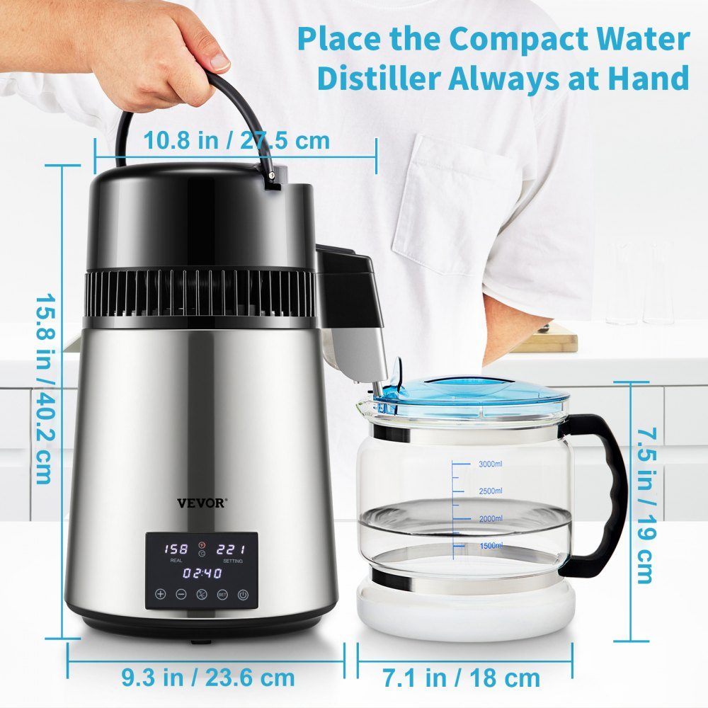 Distillateur d'eau avec contrôle de température, distillateur en acier inoxydable 4 L, distillateur d'eau 1750 W, distillateur d'eau pure avec pichet en verre, 1,5 L/heure. Appareil de distillation Appareil de distillation d'eau – Réf. HT-23645