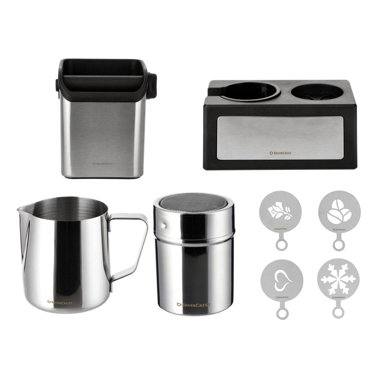 SILVERCREST® Siebträger-Abschlagbox / Tamperstation / Milchkännchen / Kakaostreuer mit Motiven