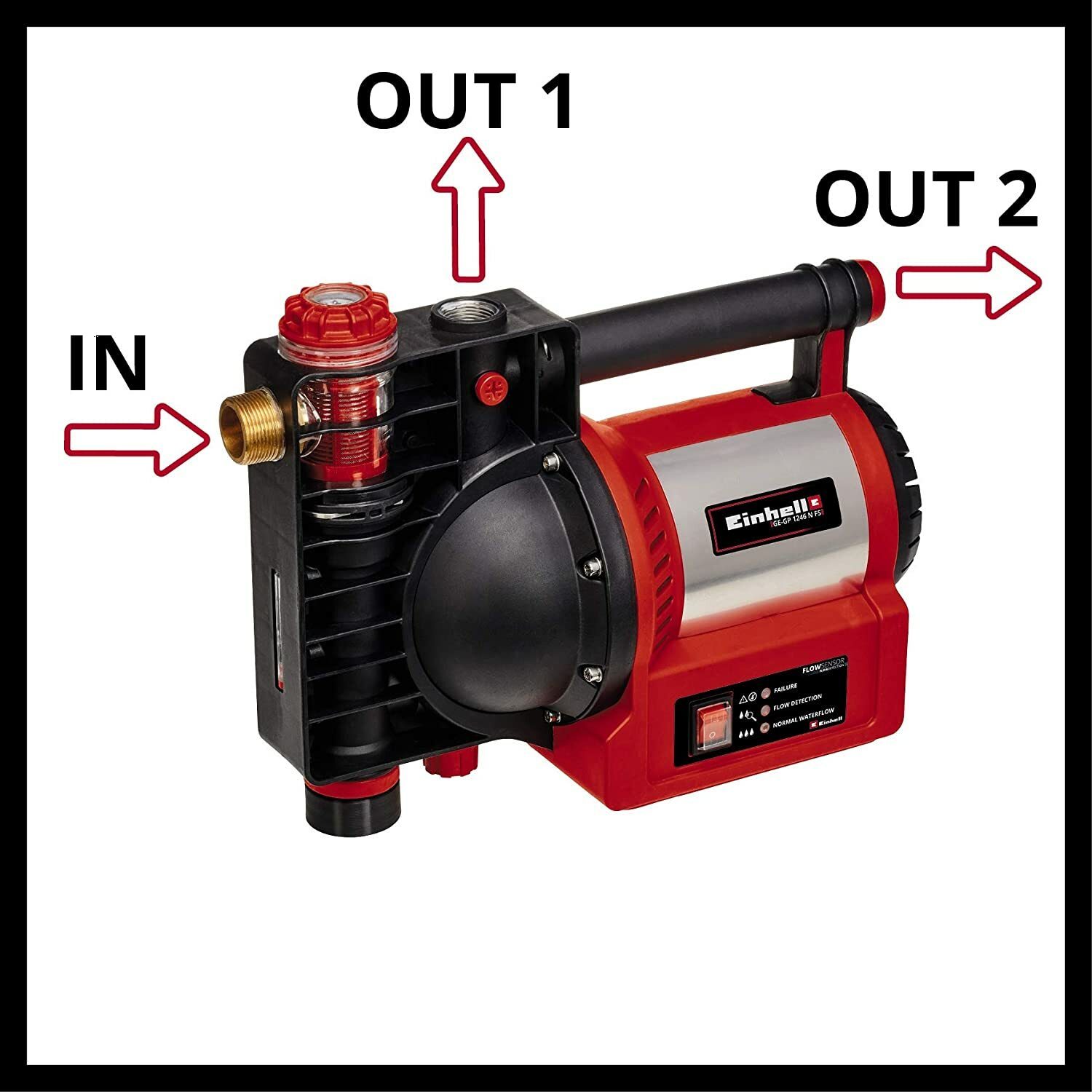 Einhell tuinpomp GE-GP 1246 N FS (1.200 watt, 4.600 l/u, 5 bar leveringsdruk, watervul-/vervuilings-/zuigindicator, droogloopbeveiliging, verbranding/thermische beveiliging, doorstroomsensor met LED, terugslagklep)