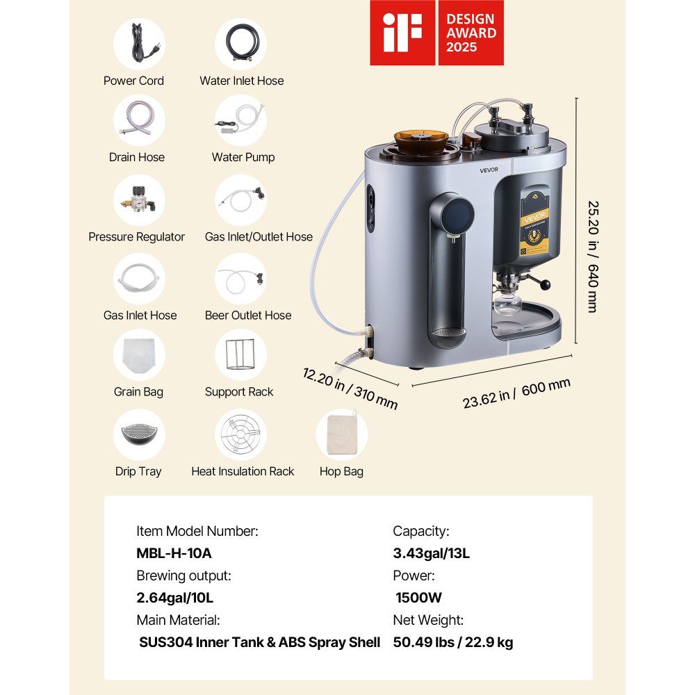 Automatische Bierbrauanlage 13L, 1500W Bierbraumaschine, All-in-One-Heimbrauanlage mit Maische- und Kochgerät, 304-Edelstahl-Innentank, DIY-Bierbrauen
