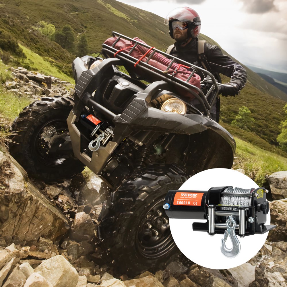 Treuil électrique, force de traction de 3 000 lb, 12 V CC pour ATV/UTV, avec câble en acier Φ 3/16" x 39 pieds, guide-câble à rouleaux, télécommande par câble, résistance à l'eau IP55, idéal pour la récupération tout-terrain UTV ATV