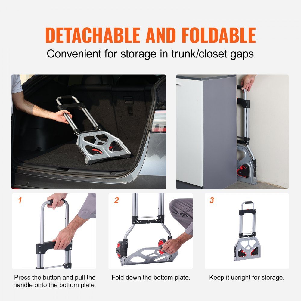 Diable, chariot de transport pliable en plastique en alliage d'aluminium de 80 kg, chariot empilable avec poignée réglable, chariot pliable de 715 à 930 mm, comprend une corde élastique, taille compacte pour le stockage