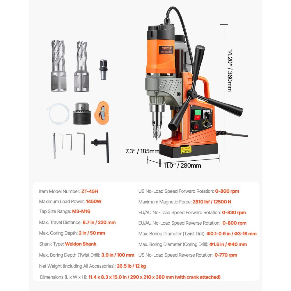 Magnetbohrmaschine, Kernbohrmaschine, 40 mm Bohrdurchmesser, 12500 N, tragbare elektrische Magnetbohrmaschine mit 2 Kernbohrern, Bohrmaschine mit variabler Geschwindigkeit für Metalloberflächen