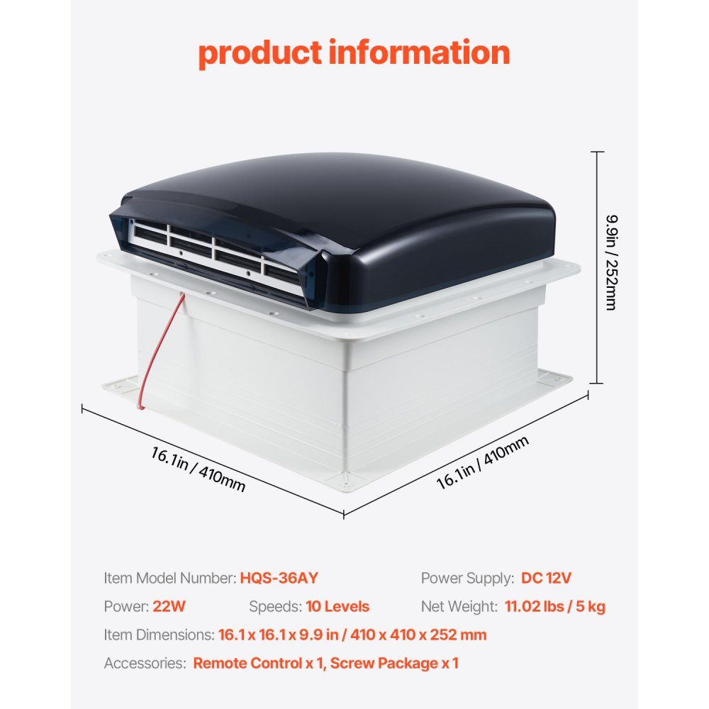Ventilateur de toit pour camping-car, 410 x 410 x 252 mm, ventilateur de toit réversible 12 V, 10 vitesses, avec télécommande, housse de pluie, couvercle électrique, ventilateur d'extraction, ventilation de toit, adapté aux bouches d'aération de toit de c