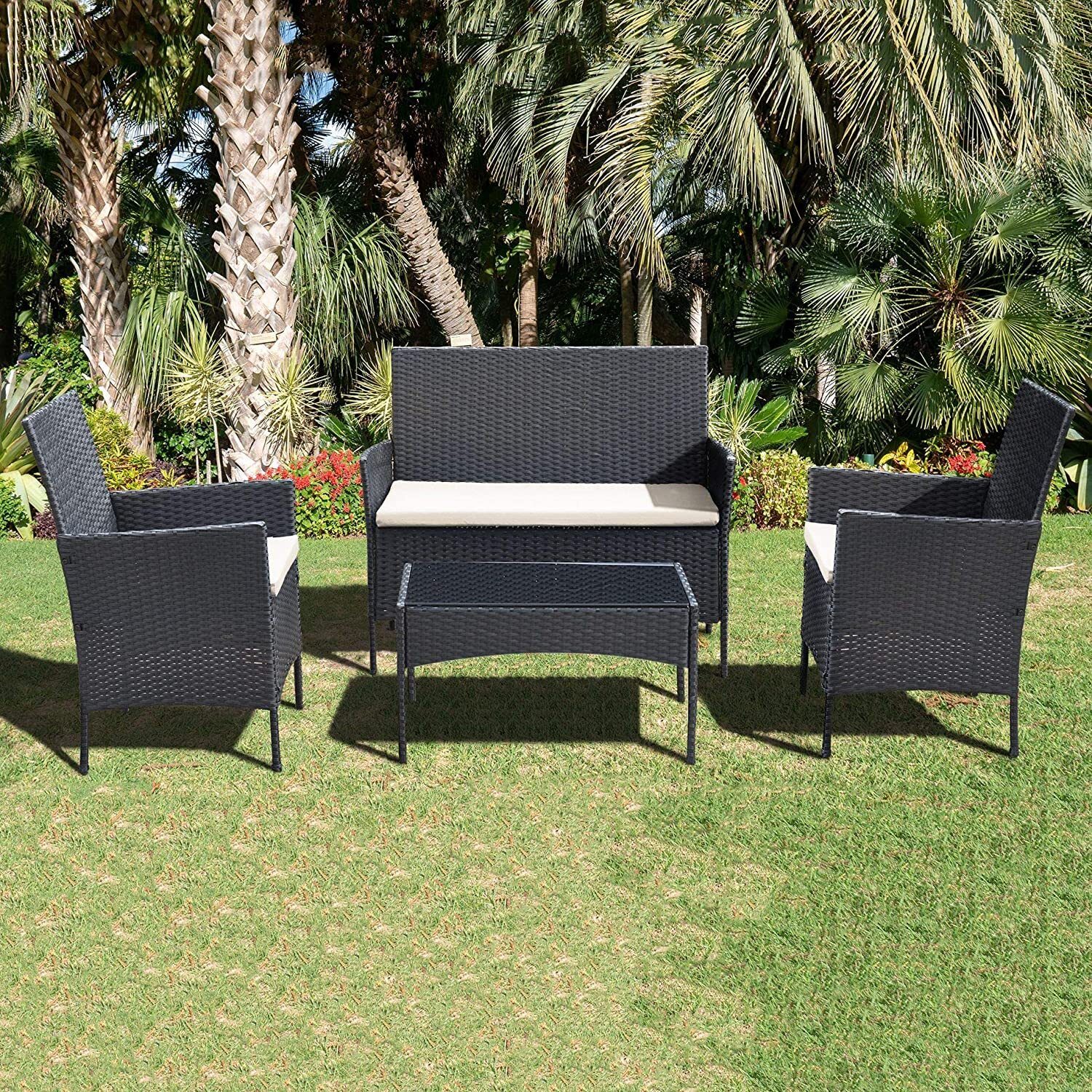 Ribelli 4 Piece Garden Furniture Set, Lounge Set, Cream Cushions - PE Rattan - Table Plus Two Chairs and 1 Bench - Convenient to Store (4 Pieces Black/Cream)