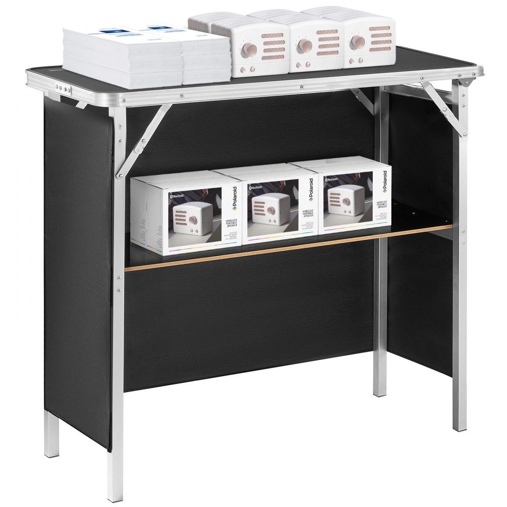 Comptoir d'exposition portable, comptoir d'exposition, 97,5 × 38,5 × 87 cm, stand d'exposition, support de comptoir d'exposition, table de bar de promotion pliable, comptoir de promotion, réception avec compartiment de rangement, sac de transport, noir