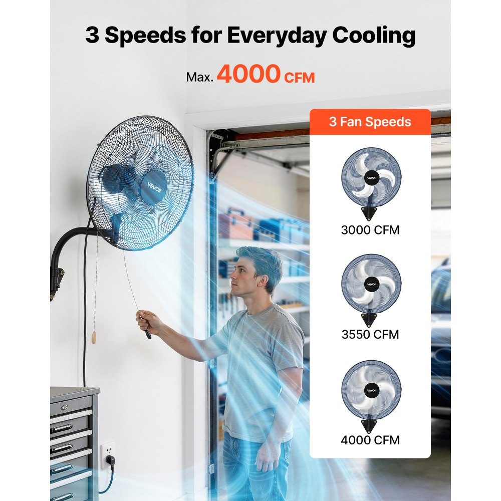 59W Industrial Wall Fan 20" 6.5m/s Oscillating Wall Fan with 3 Levels and Adjustable Tilt Angle Commercial Industrial Fan for Workshop Garage Warehouse Gym Black