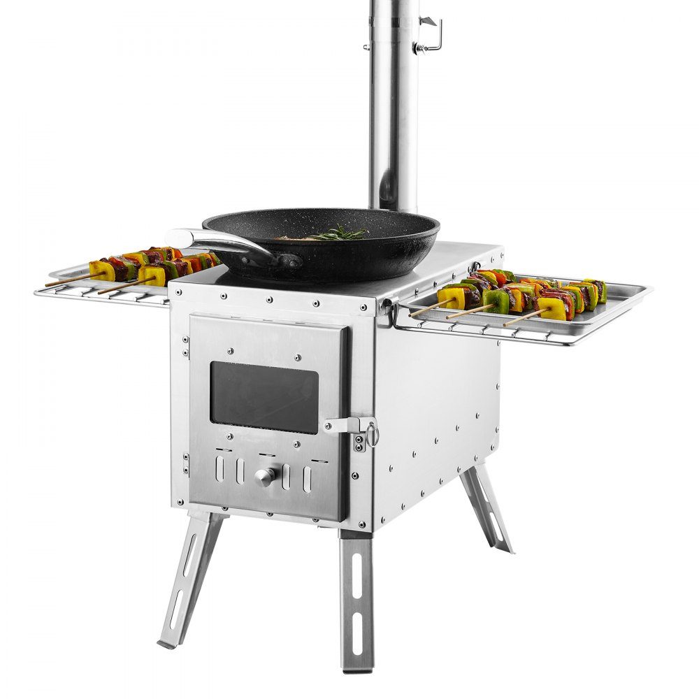 Poêle à bois 590 x 790 x 2620 m Poêle à bois pour tente de camping en acier inoxydable avec tuyaux de cheminée et gants 1646 pouces cubes Poêle de tente pour cuisine et chauffage en plein air avec 8 tuyaux – Réf. HT-24282