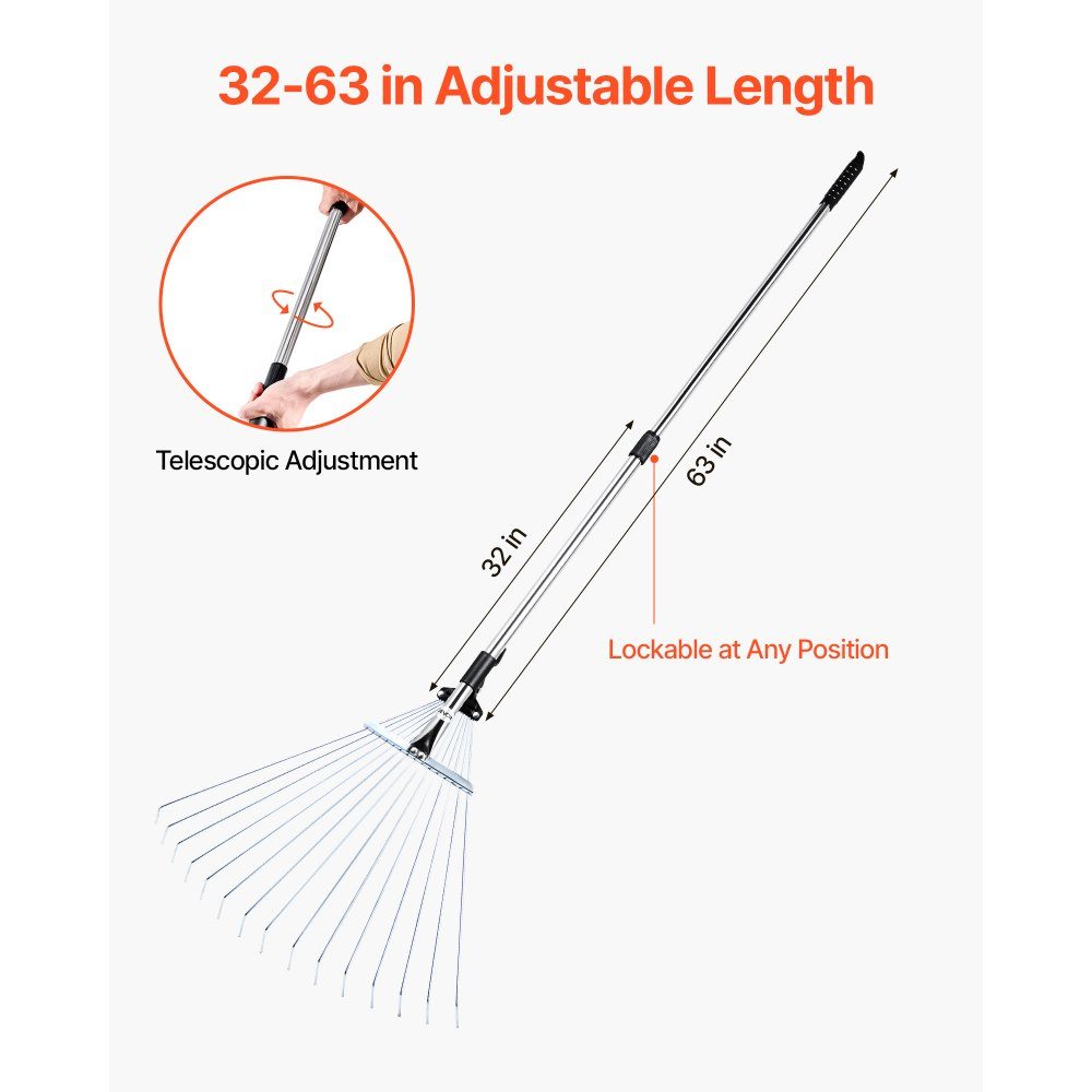 Laubharke, 15 Zinken, Gartenrechen für Rasen mit 570 mm breitem Kopf und 81–160 cm verstellbarer Stange, Fächerbesen zum Entfernen kleiner Blätter für Gartenarbeit, Camping, Hof, Gras