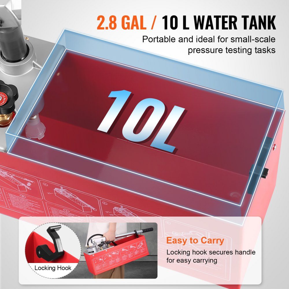 Pompa ciśnieniowa, maks. 25 bar, ręczny hydrauliczny tester ciśnienia wody z podwójnym zaworem i manometrem, zbiornik na wodę 10L, wąż 1,4m z przyłączem z gwintem zewnętrznym 1/2" do rurociągów