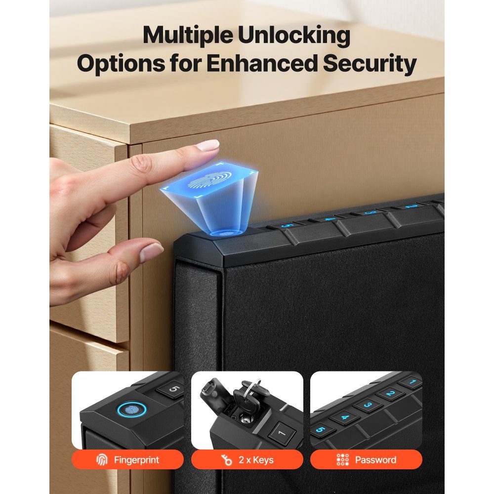 Gun safe gun safe with fingerprint/password (five digits)/key, gun safe gun case with lighting for 1 gun and magazine, 23 x 7 x 32 cm gun box for the bedside table