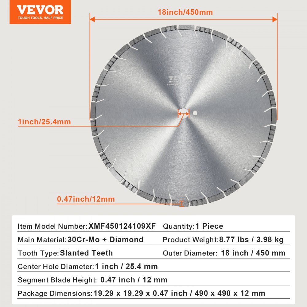 Diamantsägeblatt Betonsägeblatt 45 cm für Nass- oder Trockenarbeiten, 12 mm Diamant-Segmentsägeblatt mit schrägen Zähnen, Mittellochdurchmesser 25,4 mm, für Beton, Zementplatten, Fliesen, Ziegel Diamantsägeblatt Betonsägeblatt 45 cm für Nass- oder Trockenarbeiten, 12 mm Diamant-Segmentsägeblatt mit schrägen Zähnen, Mittellochdurchmesser 25,4 mm, für Beton, Zementplatten, Fliesen, Ziegel