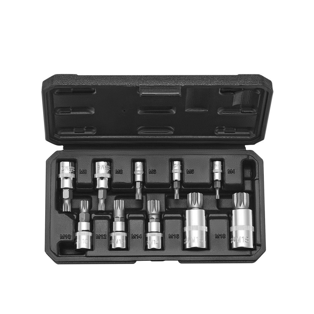 XZN 10 pièces jeu de douilles à embouts cannelés triangulaires M4-M18 en acier Cr-V de haute qualité, entraînements 1/4" 3/8" 1/2" avec étui de rangement amélioré pour l'industrie automobile