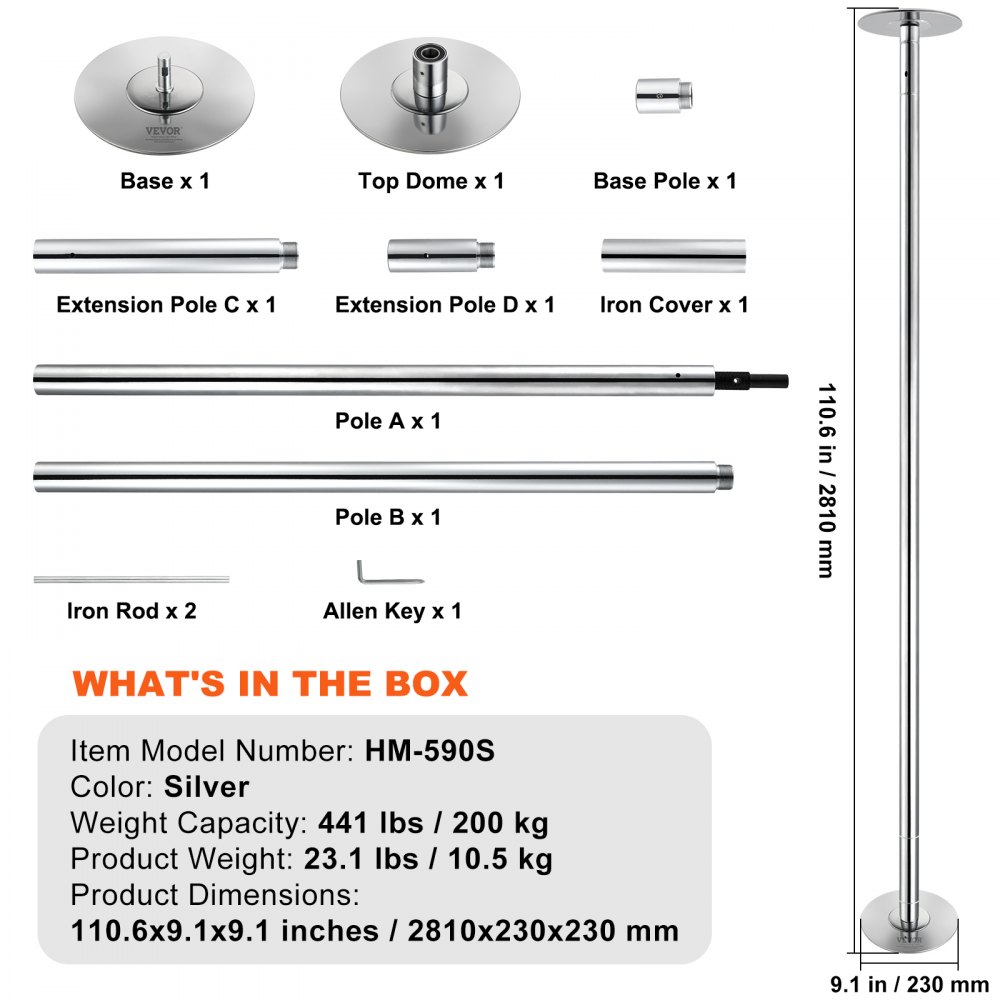 Professional Dance Pole, Pole Dance Portable Dance Pole Professional Approx. 83-110" Height Adjustable Removable Fitness Pole Spinning Fitness Silver, Dance Pole Gyms, Club, Party