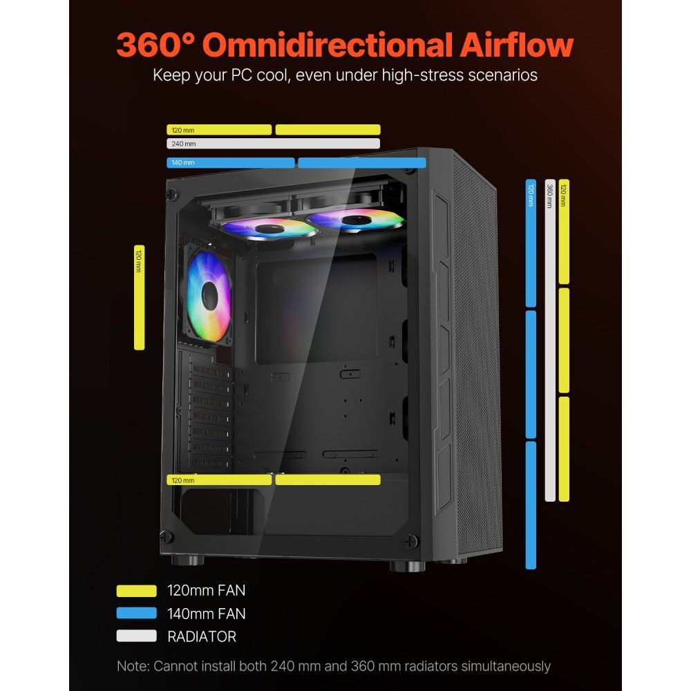PC Gaming Case, Mid-Tower, High Airflow Tempered Glass Panel, Dust Filter, 3x 120mm ARGB Fans, Cable Management, for GPUs up to 320mm Length, for ATX / M-ATX / ITX
