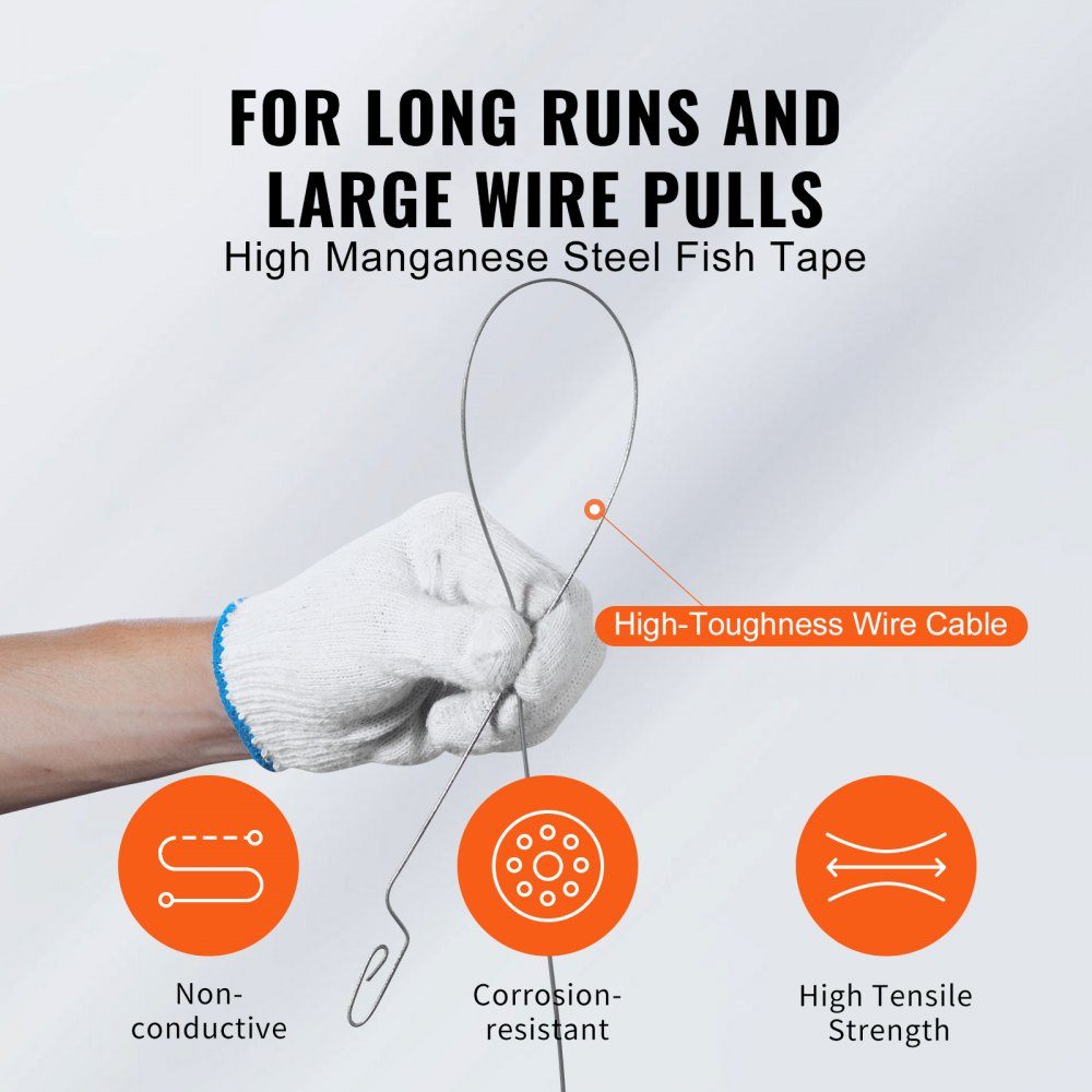 Cable pulling aid 73.2 m High-quality cable pulling cable made of high manganese steel including cotton gloves. Pull wire for empty pipes with break-proof cable [3mm] Tension spring pulling aid